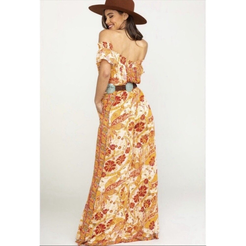 Free People Carmen Off-the-Shoulder Jumpsuit Orange Floral Print Boho Size XS - Picture 2 of 10